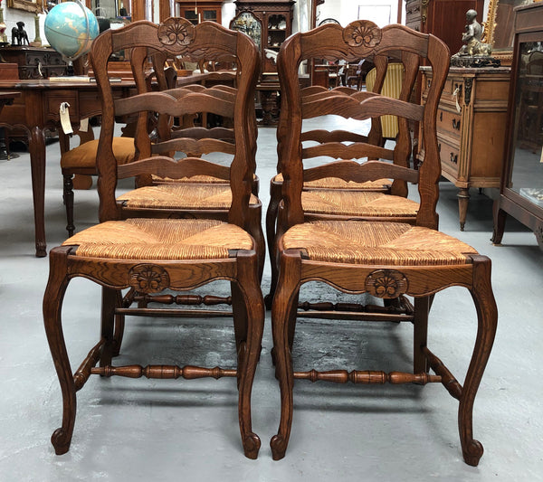 Set of six French rush seat dining chairs and in good sturdy condition.