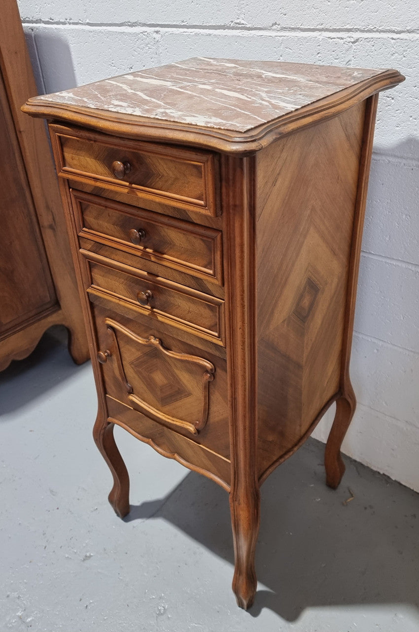 Louis XV Style Walnut  Bedside-Side Cabinet With Inset Marble Top