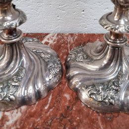 Pair of Antique French silver candlesticks table lamps embossed with birds and floral pattern. In good original detailed working condition.