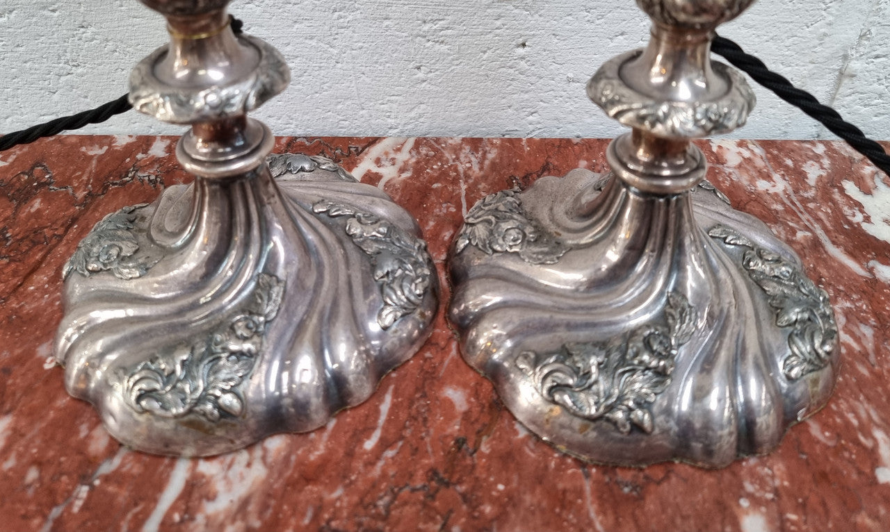Pair of Antique French Silver Candlesticks Table Lamps Embossed With Birds & Floral Pattern | Antique & Vintage | Moonee Ponds Antiques | Australia Wide Delivery