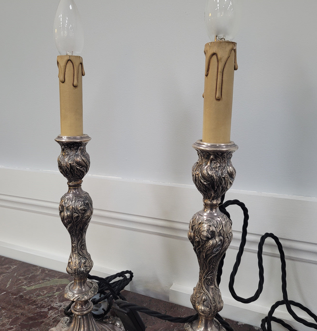 Pair of Antique French Silver Candlestick Table Lamps | Antique & Vintage | Moonee Ponds Antiques | Australia Wide Delivery
