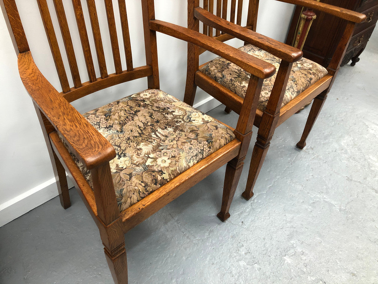 Pair Of Upholstered Arts And Crafts Carver Chairs | Antique & Vintage | Moonee Ponds Antiques | Australia Wide Delivery