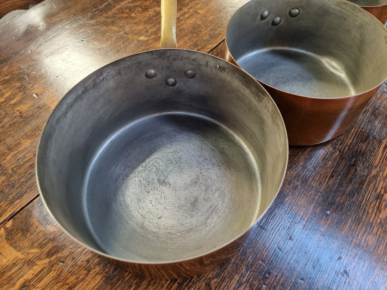 Set of Five French Vintage Copper & Brass Pots