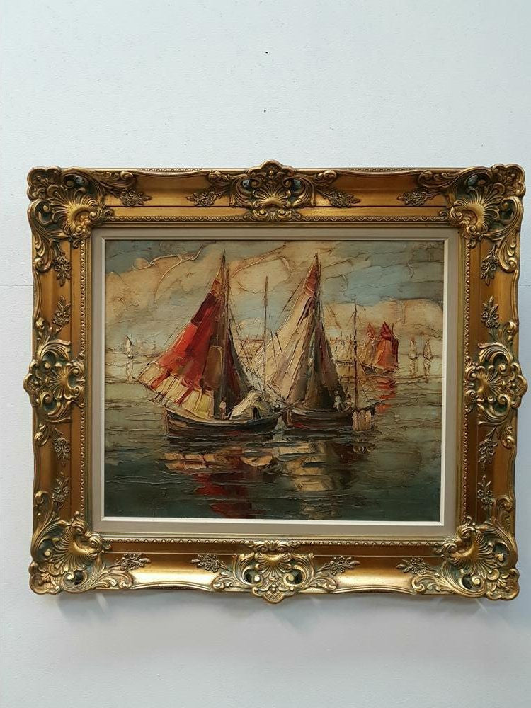 French Painting Of Ships In A Decorative Gilt Frame