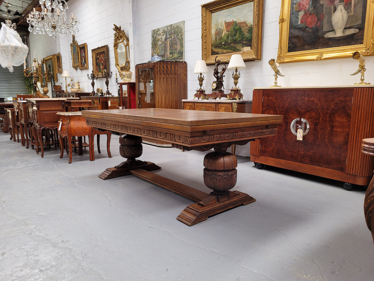 French Oak Renaissance Style Extension Table With Stretcher Base