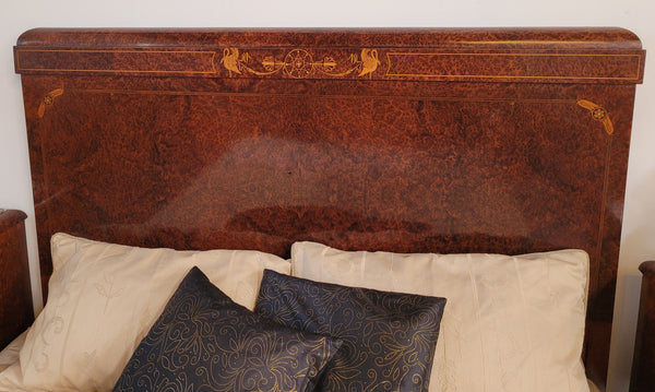 French Art Deco bedroom suite consisting of queen size bed in Amboyna wood and featuring pretty inlay. It comes with a matching pair of bedsides. It is a very stylish and high quality suite. It has been sourced from France and is in good original detailed condition.