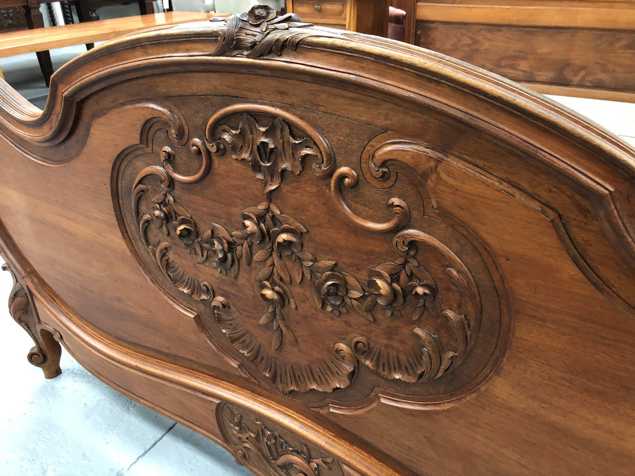 French Walnut Louis XV style queen size bed. Comes with custom made slats, all you need to is place you mattress on top.
