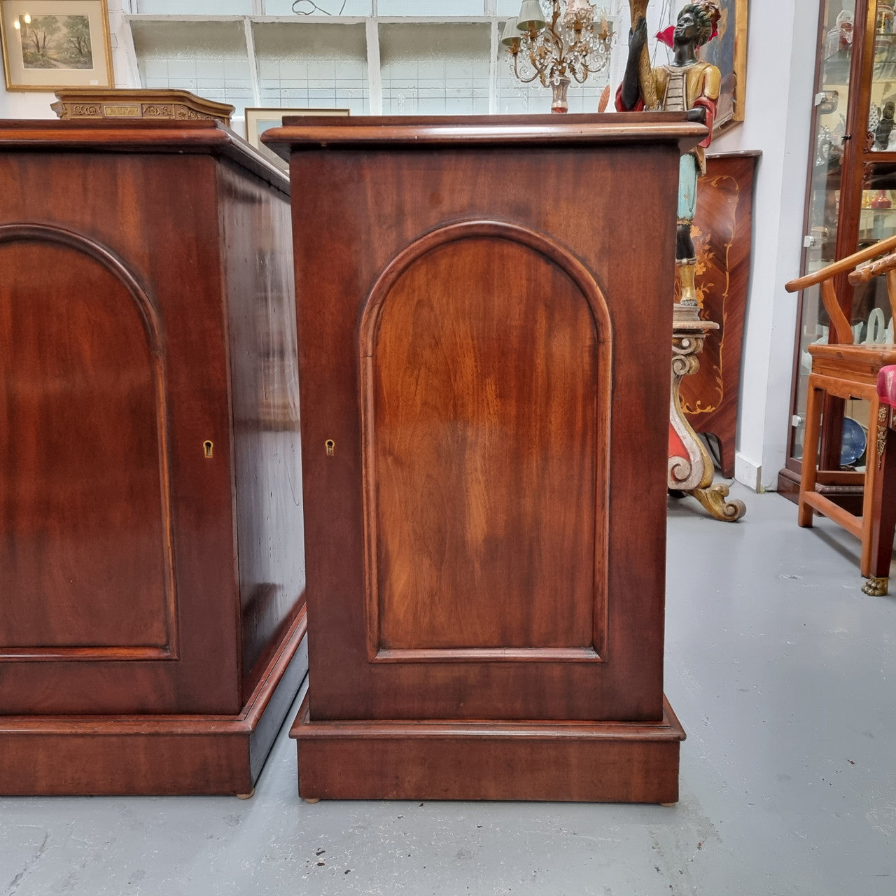 Unique pair of Victorian mahogany bedsides with one fixed shelf. Sourced locally and in good original detailed condition.