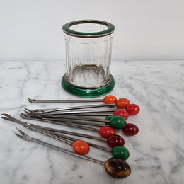 Rare French Silver, enamel and glass forks holder with 12 forks in good original condition, please view photos as they help form part of the description.