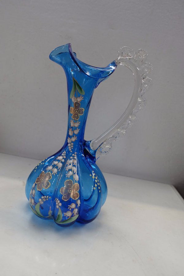 Blue Victorian Art Glass Handled Vase