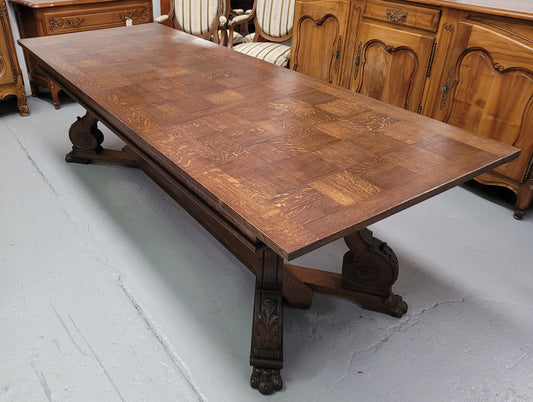 Stunning 2.55 meter French Spanish style parquetry top Oak table. Amazing one piece top and it is in good original detailed condition.