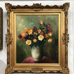 Vintage sourced in France, Belgium signed oil on canvas of a "Floral Study". Stunning vibrant colours and in a original gilt frame. In good original detailed condition.
