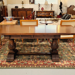French Walnut Monastery table with two internal drawers. This table can be used as a dining table or as a large desk. It has been sourced from France and is in good original detailed condition.