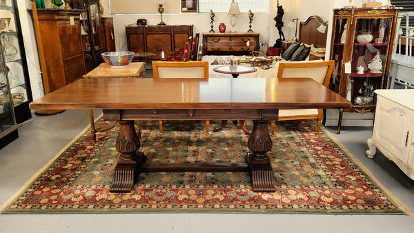 French Walnut Monastery table with two internal drawers. This table can be used as a dining table or as a large desk. It has been sourced from France and is in good original detailed condition.
