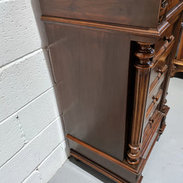 French Walnut Henry 2nd style three drawer one cupboard single side cabinet with rouge marble top. Circa: 1890. In Good original detailed condition.