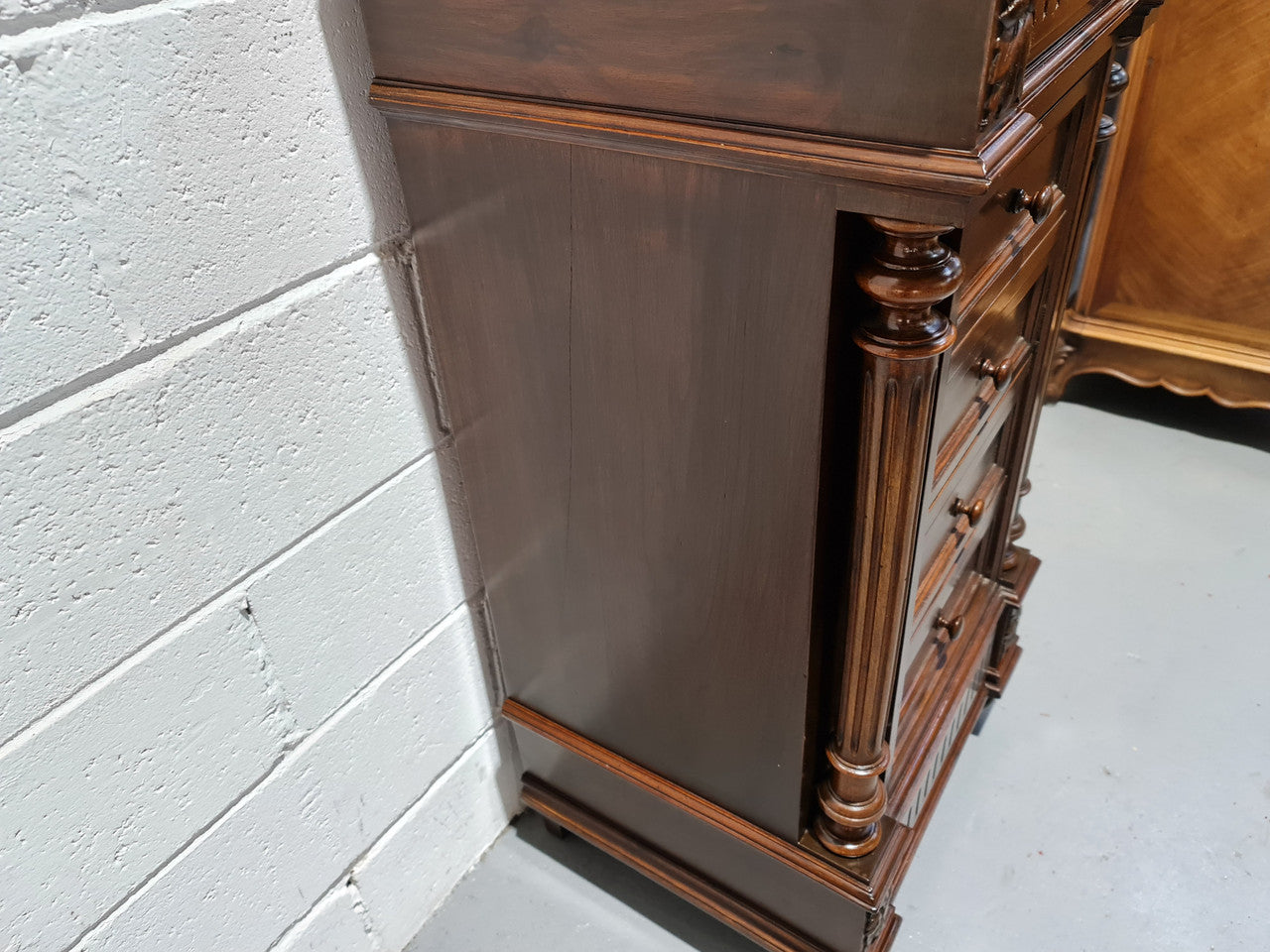 French Walnut Henry 2nd style three drawer one cupboard single side cabinet with rouge marble top. Circa: 1890. In Good original detailed condition.