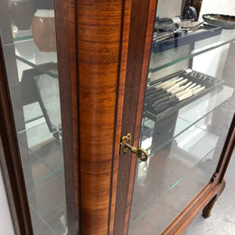Beautiful French walnut and parquetry inlaid vitrine with lovely bevelled glass and a marble top. It comes with four glass shelves which are adjustable and it is in good original condition.