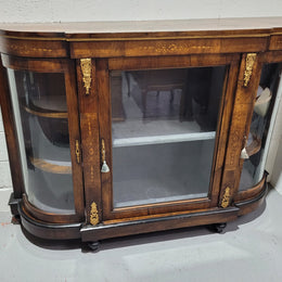 Victorian Rosewood inlaid side cabinet/credenza with velvet lined shelves and gilt mounts. It has been sourced locally and is in good original condition with loads of character.