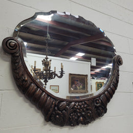 Unusual Art Deco Shaped & Bevelled Mirror Half Framed with Carved Oak