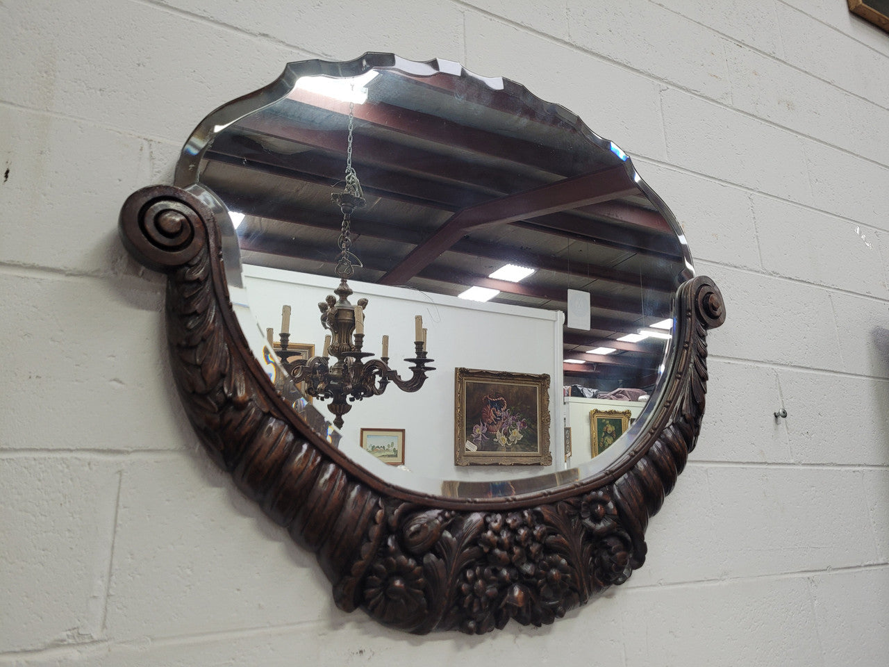 Unusual Art Deco Shaped & Bevelled Mirror Half Framed with Carved Oak