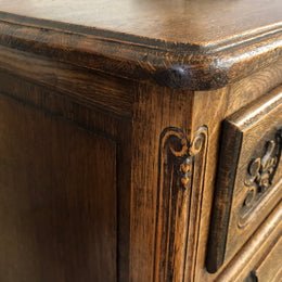 Vintage French Oak three drawer chest. In good original detailed condition.
