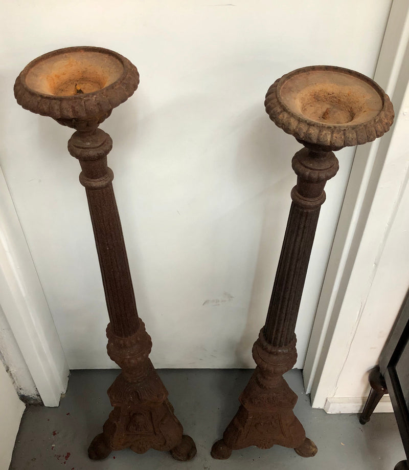 Rustic French Pair Of Tall Heavy Cast Iron Candlesticks
