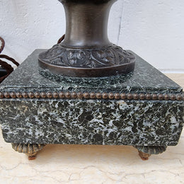 Antique pair of beautiful French urns on marble table\bedside lamps. In good original detailed working condition .