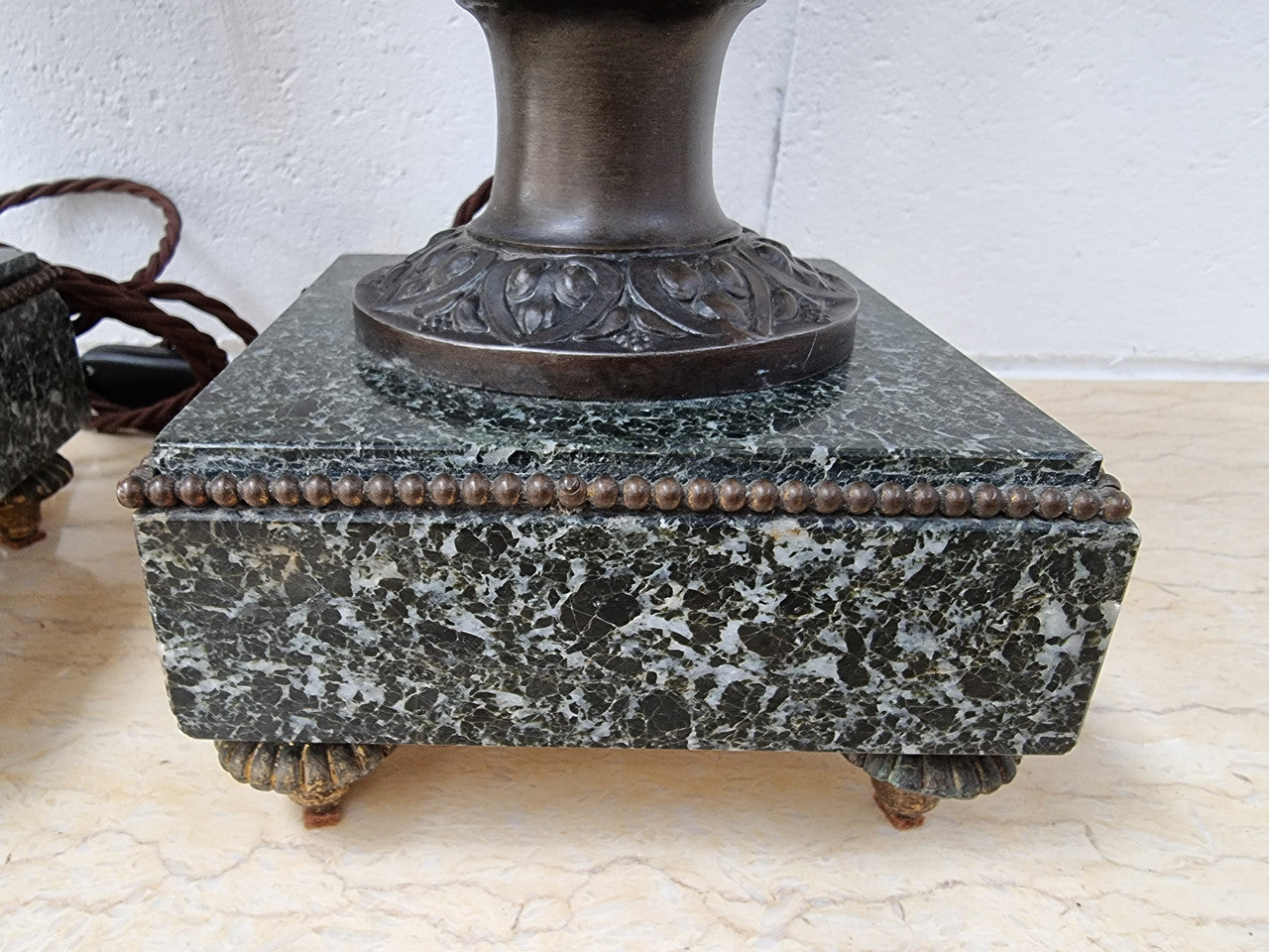 Antique pair of beautiful French urns on marble table\bedside lamps. In good original detailed working condition .