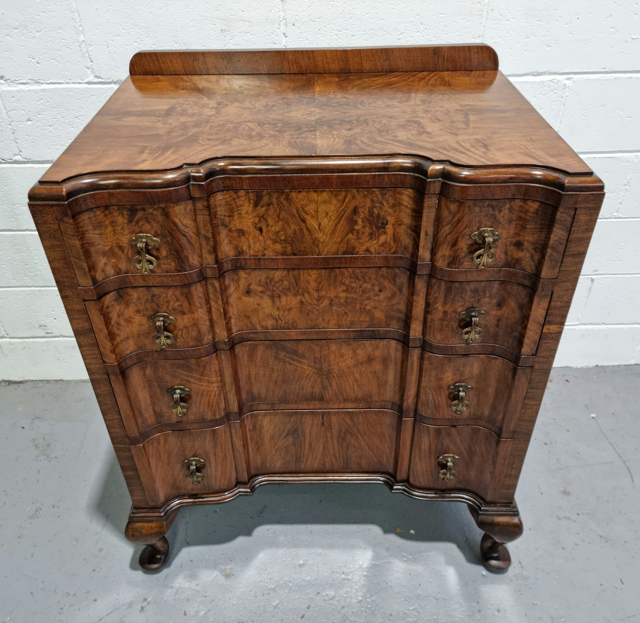 Antique English Figured Walnut Inverted Serpentine Fronted Chest of Drawers | Antique & Vintage | Moonee Ponds Antiques | Australia Wide Delivery