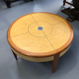 Lovely Vintage round Mahogany and blonde wood coffee table by (Alexander J Cook). It is in good original condition.