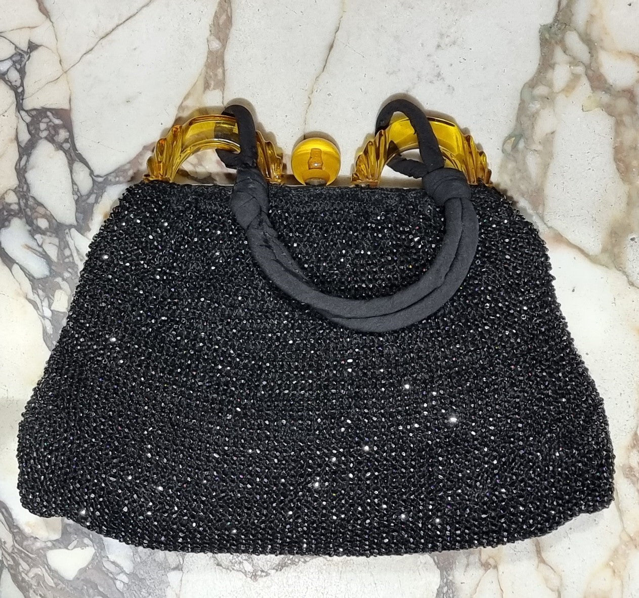 Black Fabric Vintage Style Evening Bag With Amber Coloured Clasp | Antique & Vintage | Moonee Ponds Antiques | Australia Wide Delivery
