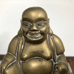 Antique Brass Chinese Buddha On Wooden Stand