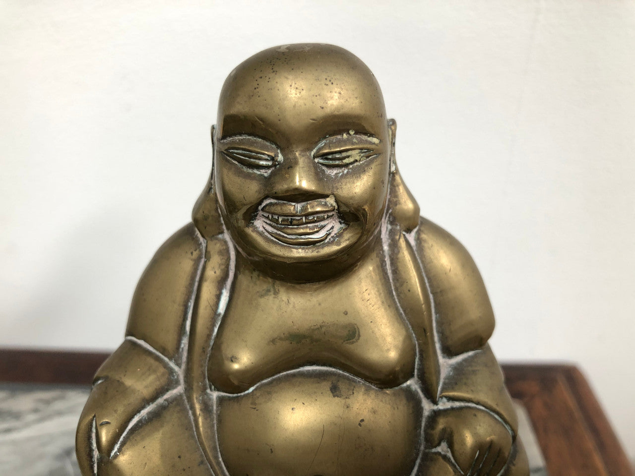 Antique Brass Chinese Buddha On Wooden Stand
