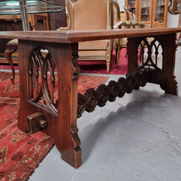 Sourced from France is this beautiful French Oak Gothic style coffee table with lovely carved details. It is in good original detailed condition.