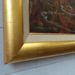 A beautiful Framed oil on canvas in vibrant colours and framed in a lovely gold frame. This piece is signed by artist John Cumming from "The Mill Gallery" and still has its original gallery card as shown in picture. It is in good original condition.