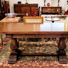 French Walnut Monastery table with two internal drawers. This table can be used as a dining table or as a large desk. It has been sourced from France and is in good original detailed condition.