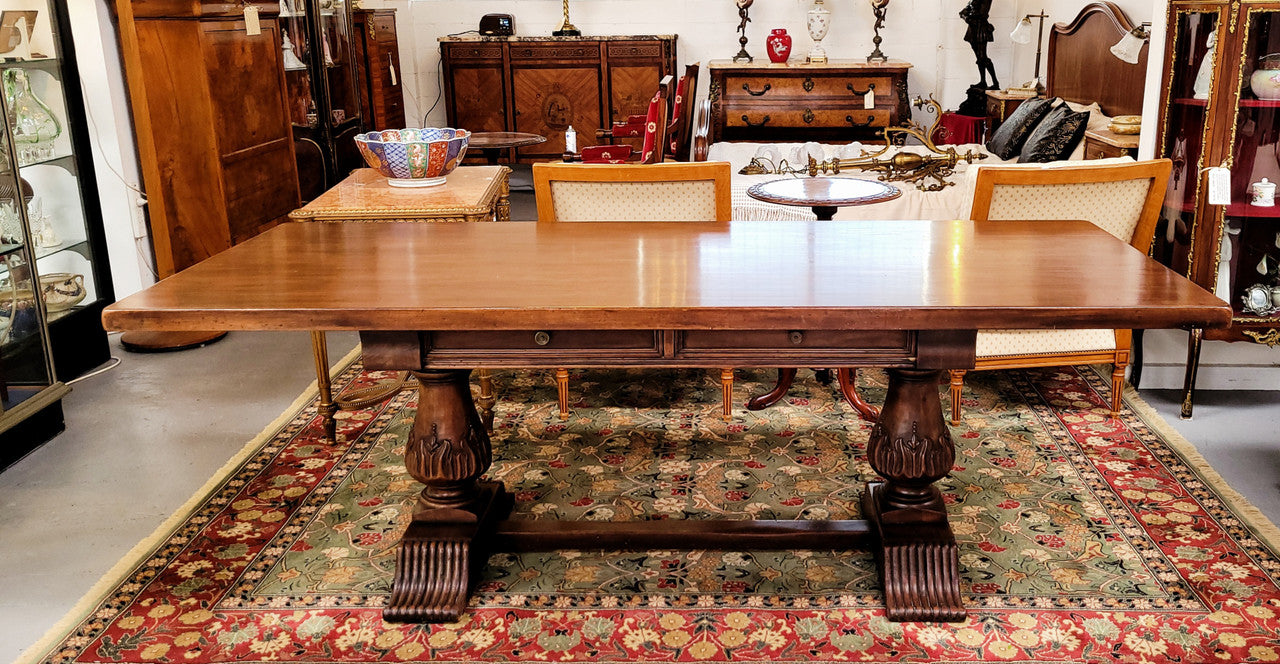 French Walnut Monastery table with two internal drawers. This table can be used as a dining table or as a large desk. It has been sourced from France and is in good original detailed condition.