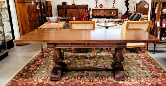French Walnut Monastery table with two internal drawers. This table can be used as a dining table or as a large desk. It has been sourced from France and is in good original detailed condition.