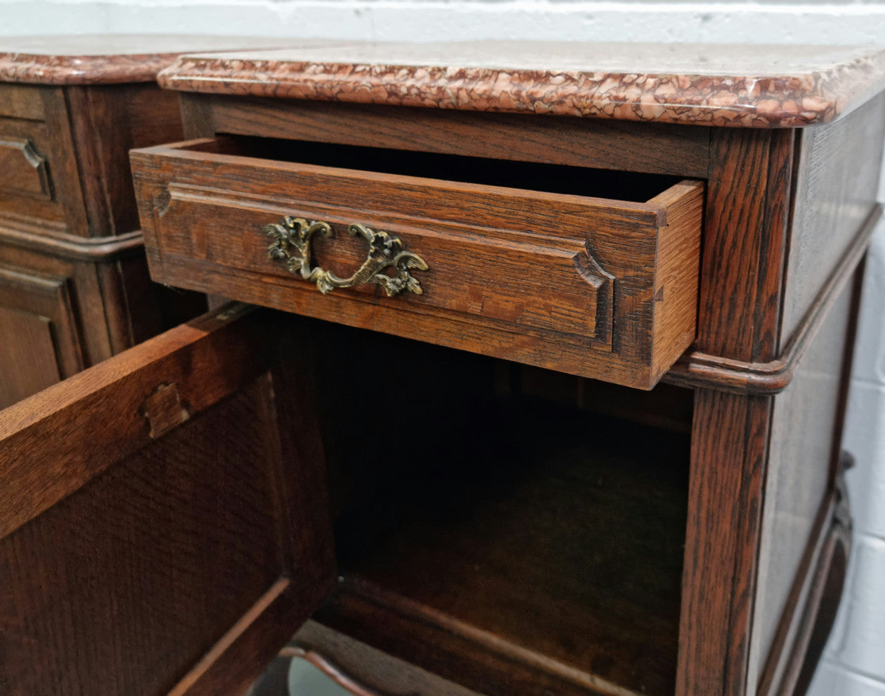 Louis XV Style Dark Oak Marble Top Bedside Cabinets | Antique & Vintage | Moonee Ponds Antiques | Australia Wide Delivery