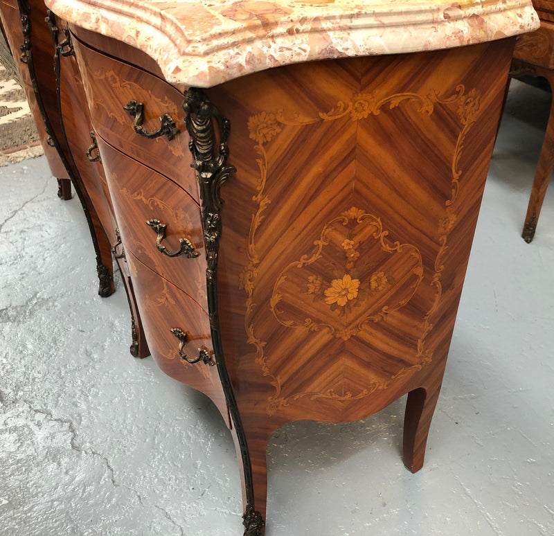 Rare Pair of French miniature commode bedsides with beautiful marquetry inlay & ormolu mount. Circa 1950's and are in very good condition.
