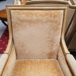 Pair of Louis XVI style painted arm chairs with carving & fluted legs. They have been sourced from France and the fabric is in good used original condition. Please view photos as they help form part of the description.