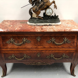 Grande French Louis XIV style Amboyna and walnut two drawer marble top commode, with amazing detailed ormolu mounts, and sienna colour marble top. In good original detailed condition.