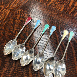 Set Of Six English Art Deco Silver And Enamel Spoons