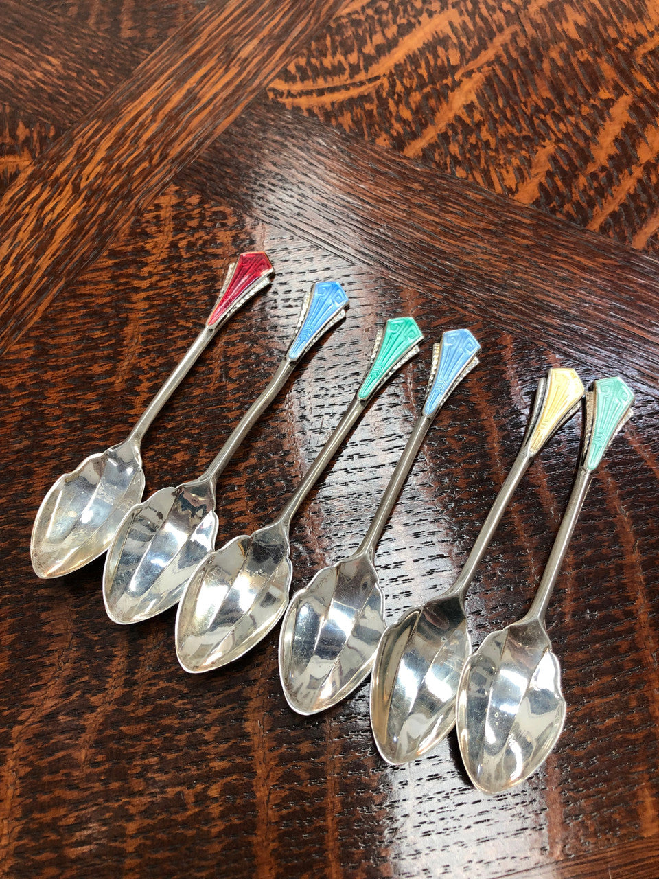 Set Of Six English Art Deco Silver And Enamel Spoons | Antique & Vintage | Moonee Ponds Antiques | Australia Wide Delivery
