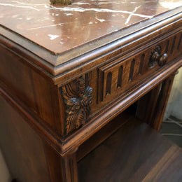 Henry II style Walnut inset marble top single bedside. Plenty of storage space with 4 drawers and a small cupboard space. In good original detailed condition.