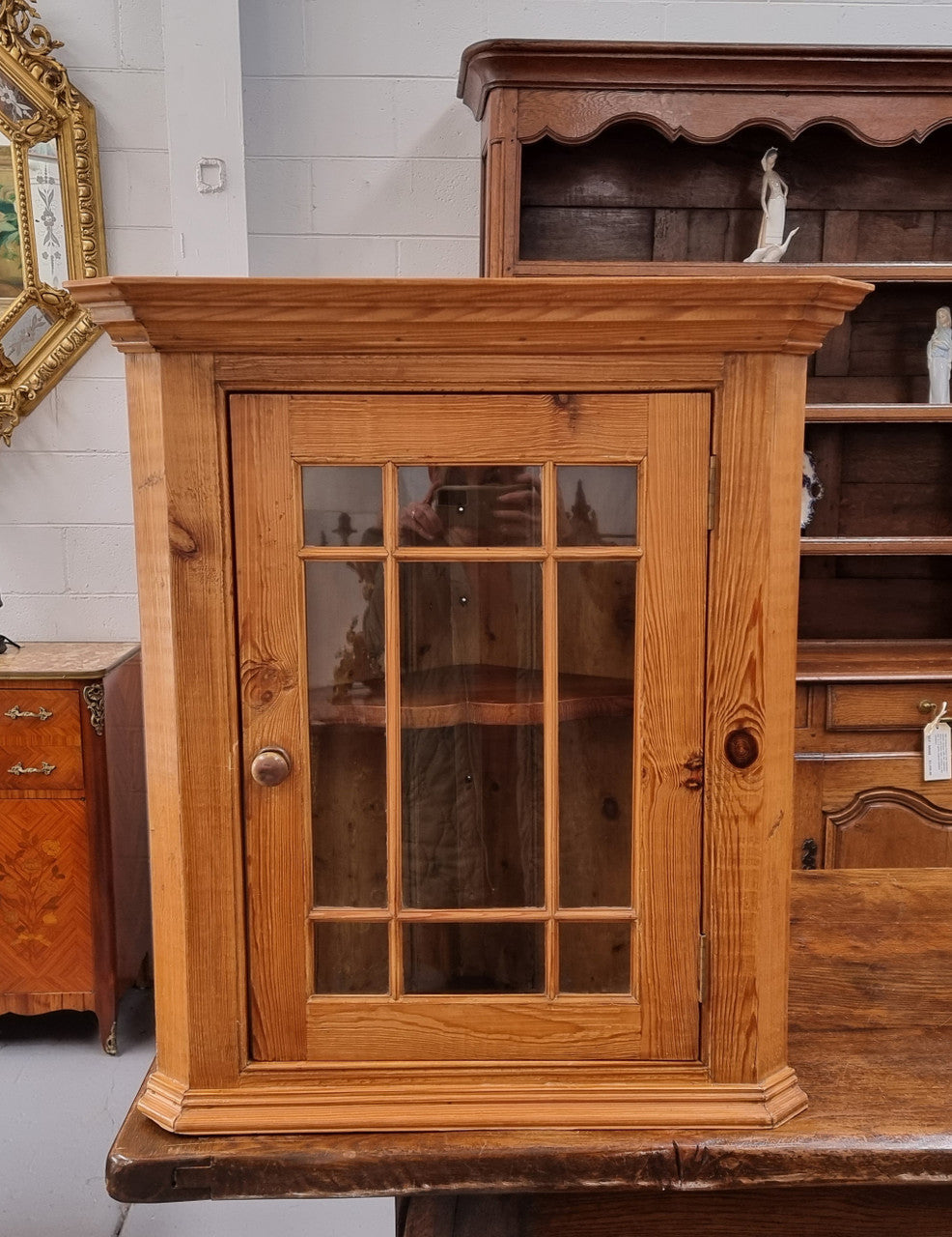 Vintage Victorian style pine corner cabinet with 2 shelves for display in good original condition.