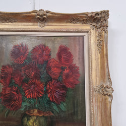 Charming Oil on Canvas of Red Chrysanthemums Painting | Antique & Vintage | Moonee Ponds Antiques | Australia Wide Delivery