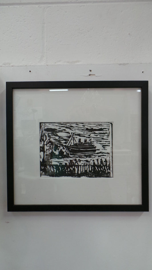 Original Linocut Of Ship At Sea