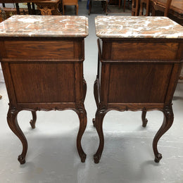 Pair Of  French Oak & Marble Top Bedsides