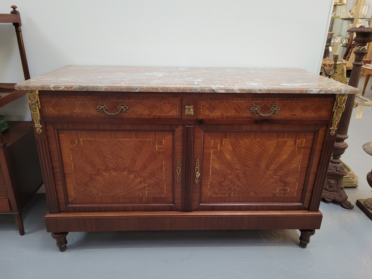 Louis 16th Style Mahogany Marble Top Cupboard With Marquetry Inlay | Antique & Vintage | Moonee Ponds Antiques | Australia Wide Delivery
